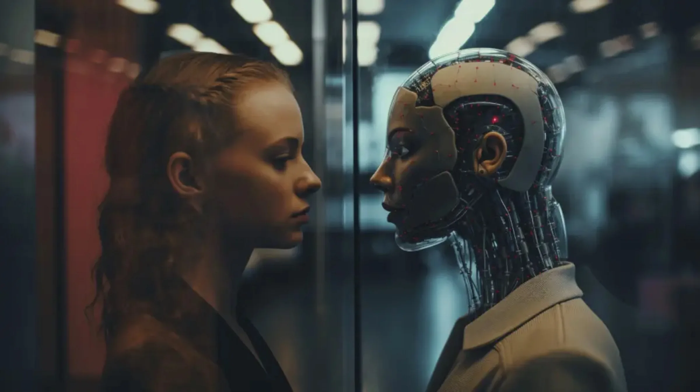 Een vrouw en een humanoïde robot tegenover elkaar